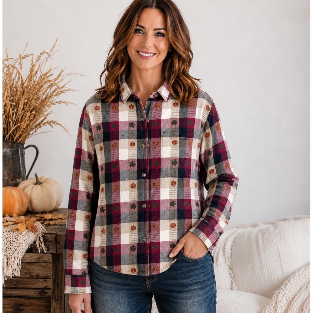 Vintage Pumpkin Embroidered Flannel Shirt Women's Medium Plaid Whitefish Bay